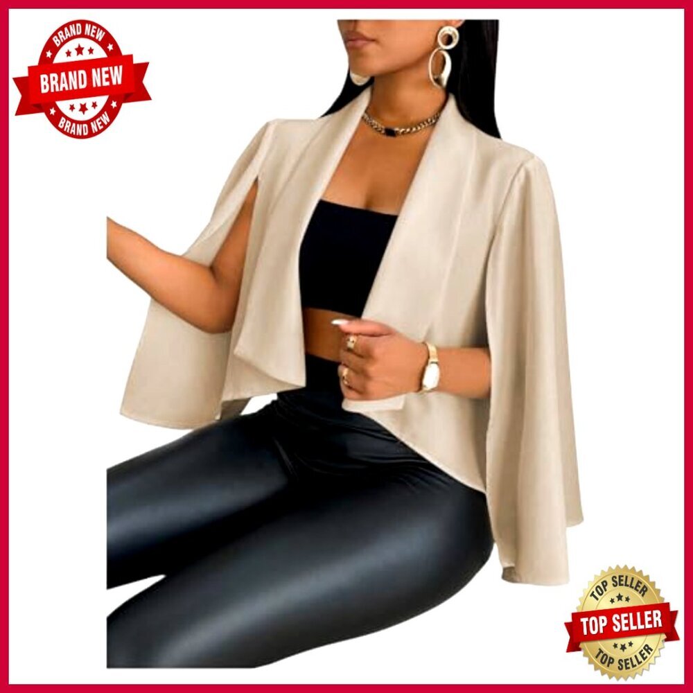Cropped Cape Sleeve Blazer Jacket Open Front Lightweight Polyester Business - Picture 5 of 6